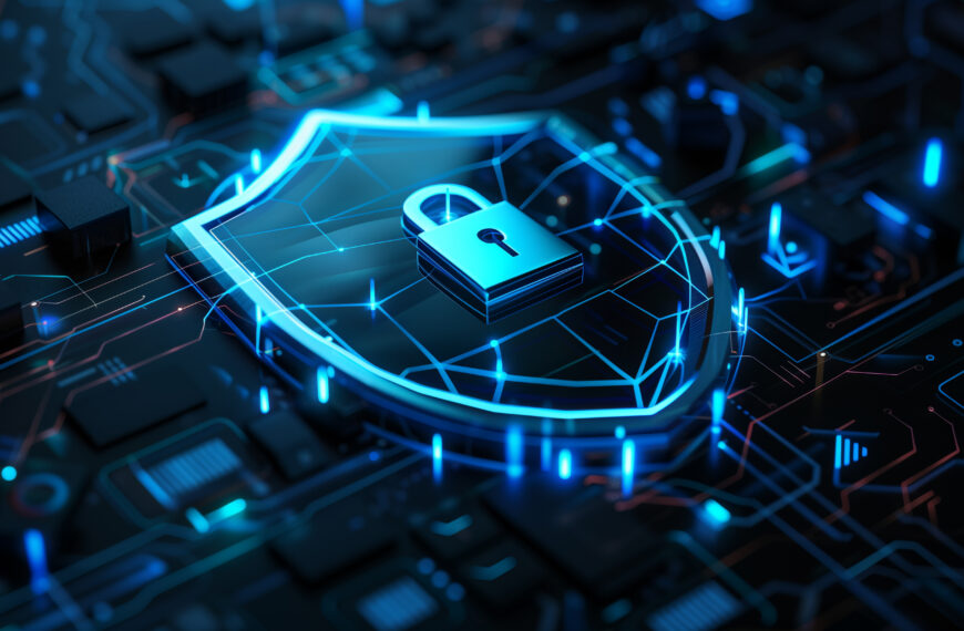 3D illustration of shield with lock and digital data network, blue color theme, isometric view, on dark background, concept for cyber security technology or online protection, detailed design, high resolution
